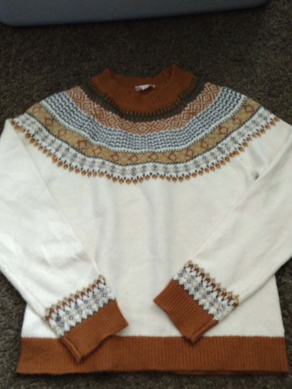Hem & Thread Women's White Fair Isle Sweater with Rust Trim